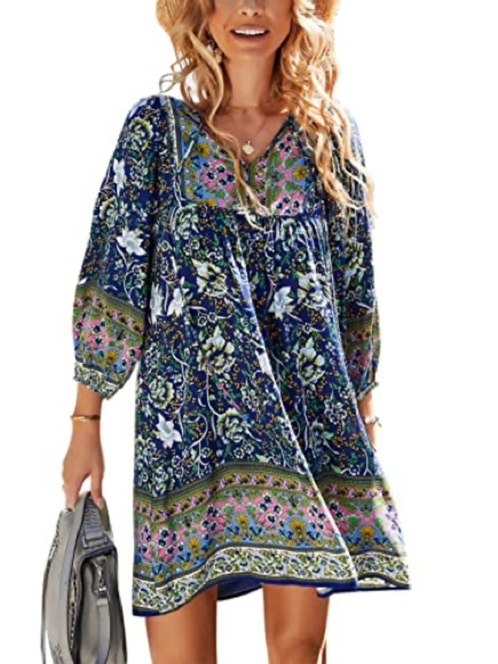 TEMOFON Mini Dress Women’s Large Boho Floral Flowy Tunic Top V-neck NEW